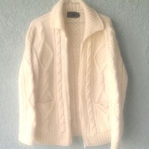 Otavalo Cream Wool Hand Made Cable Chunky Knit Full Zip Cardigan Sweater